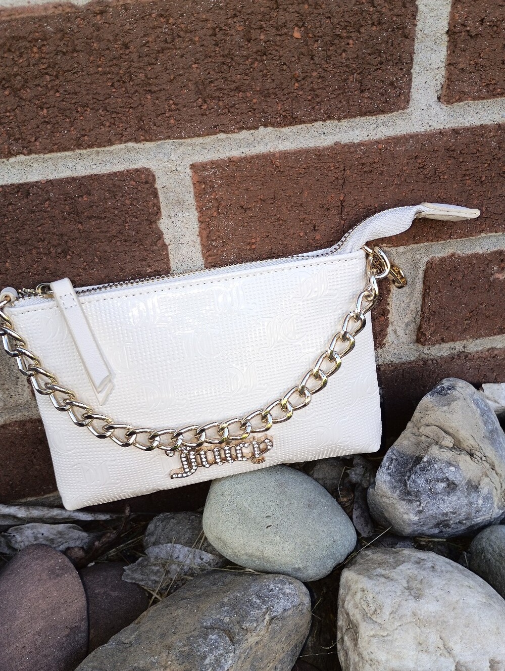 Juicy Couture Cream Patent Chain Wristlet with Logo Charm